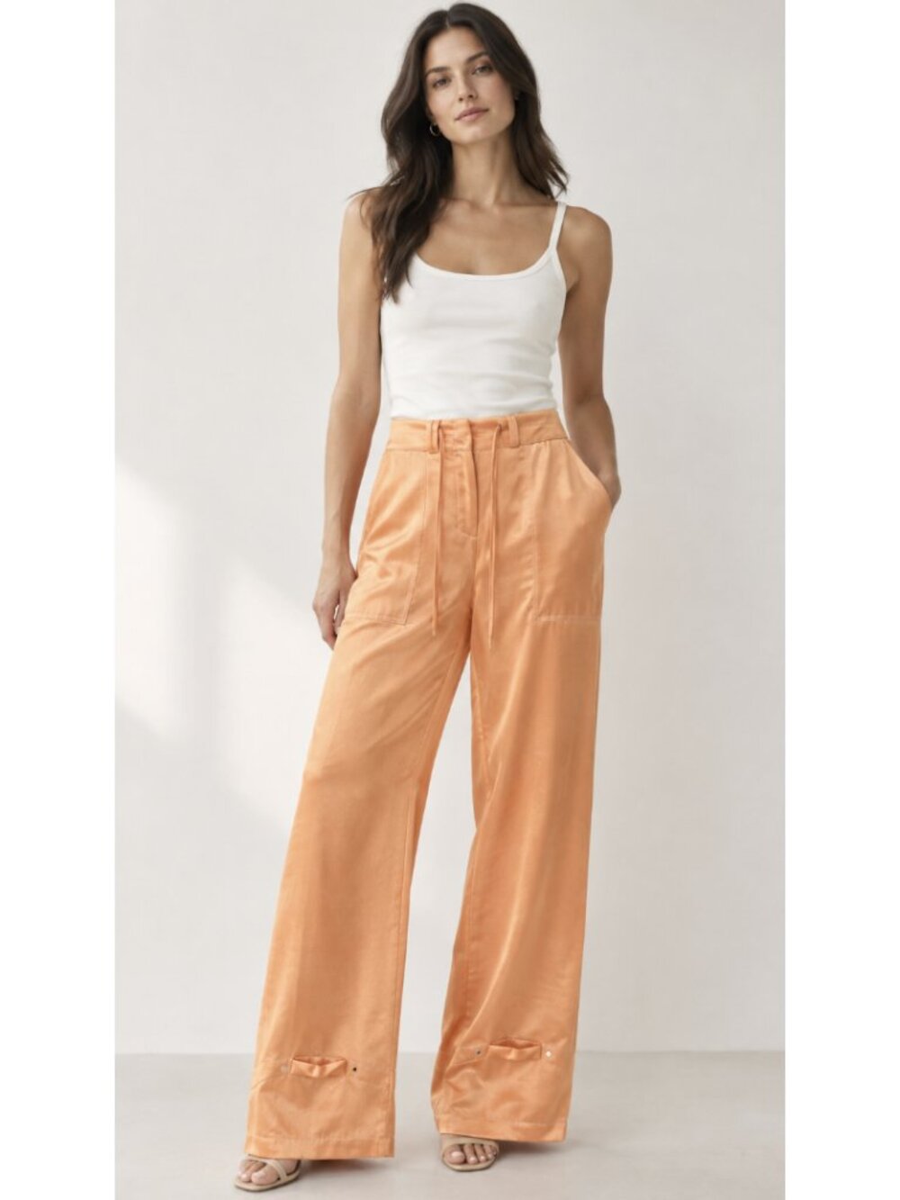 LAUREL Paris Orange Satin Wide Leg Trouser Pants Large Quiet Luxury Minimalist